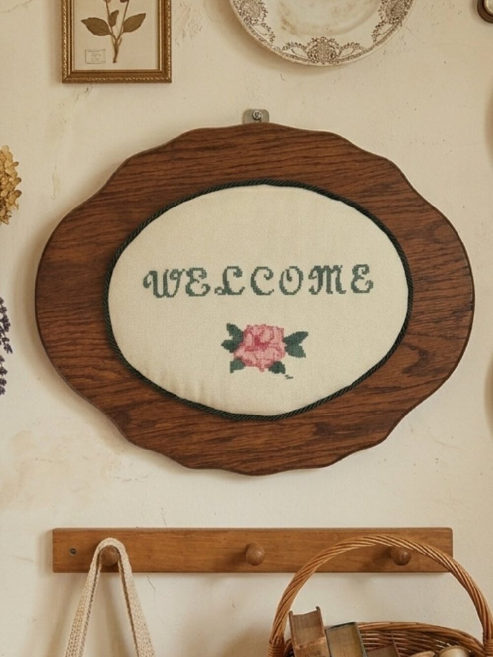 Vintage Embroidery WELCOME in a thick wood plaque wall hanging 1980s